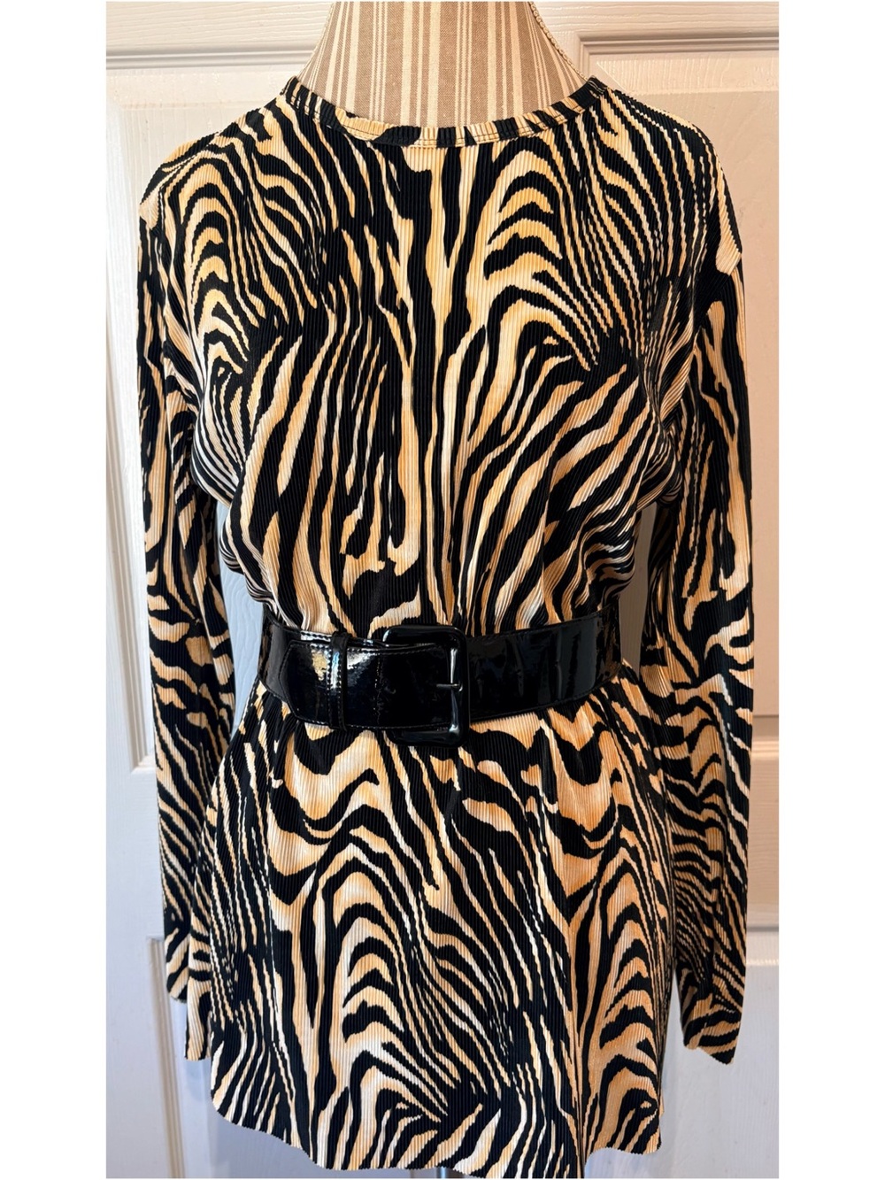 Vintage 90s Zebra Print Plisse Mobwife Tunic Top With Belt Size Medium